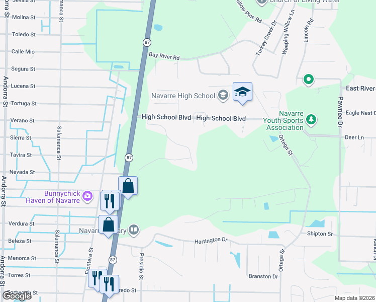 map of restaurants, bars, coffee shops, grocery stores, and more near 2309 Duncan Ridge Drive in Navarre