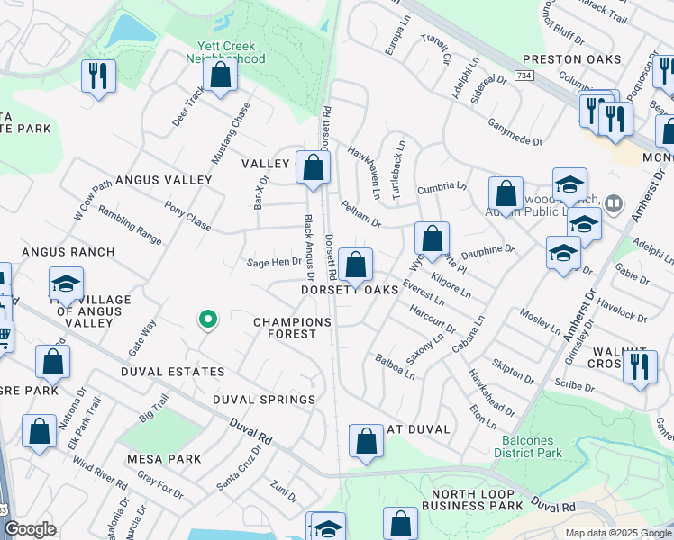 map of restaurants, bars, coffee shops, grocery stores, and more near 4615 Everest Lane in Austin