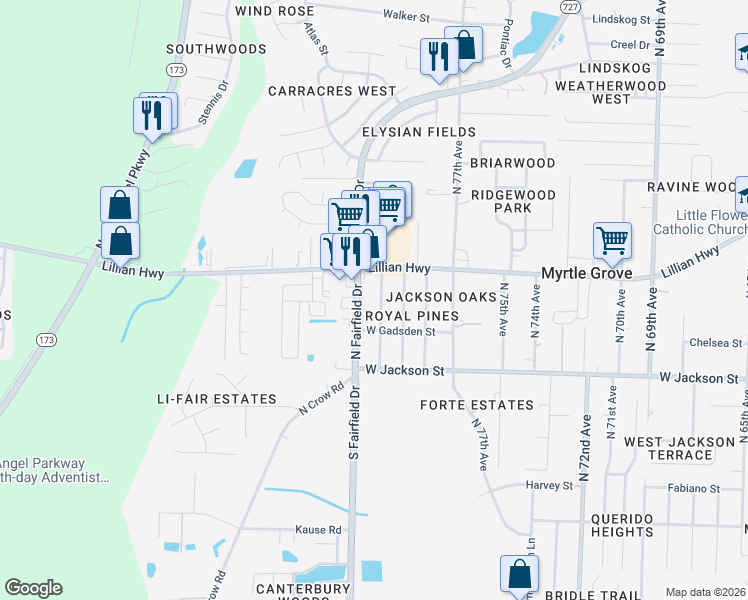 map of restaurants, bars, coffee shops, grocery stores, and more near 735 North 80th Avenue in Pensacola