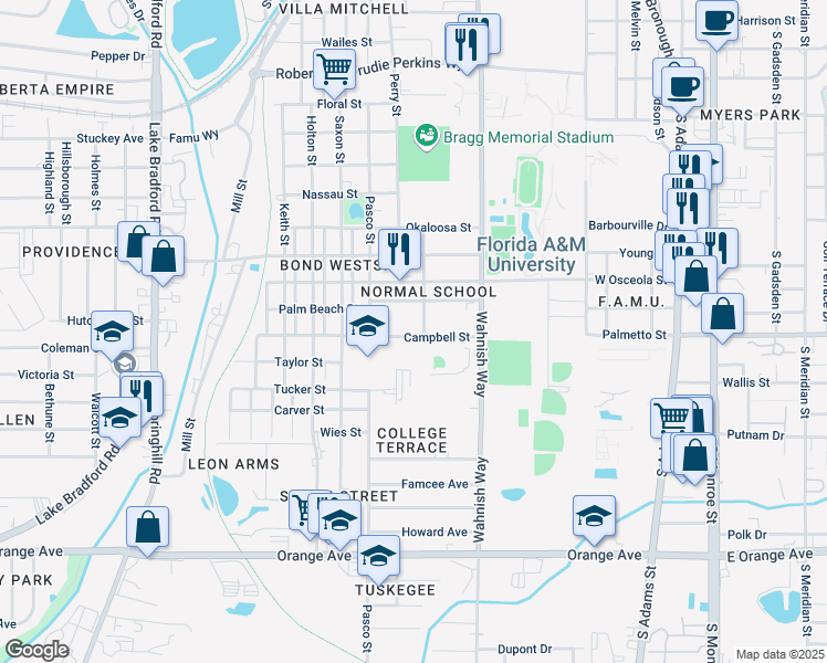 map of restaurants, bars, coffee shops, grocery stores, and more near 606 Campbell Street in Tallahassee