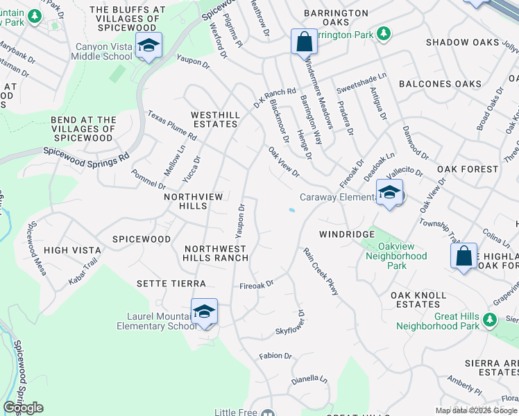 map of restaurants, bars, coffee shops, grocery stores, and more near 10715 Cassia Drive in Austin