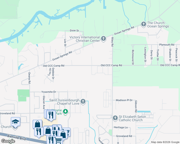 map of restaurants, bars, coffee shops, grocery stores, and more near 8699 Old CCC Camp Road in Ocean Springs