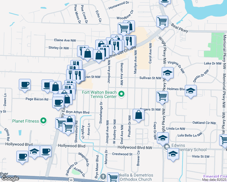 map of restaurants, bars, coffee shops, grocery stores, and more near 58 West Audrey Drive Northwest in Fort Walton Beach