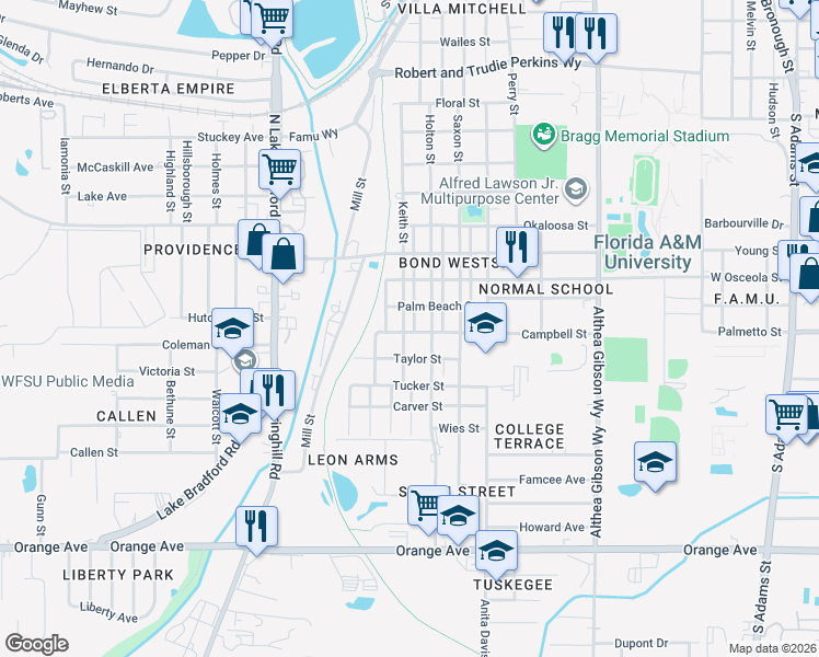 map of restaurants, bars, coffee shops, grocery stores, and more near 2147 Keith Street in Tallahassee