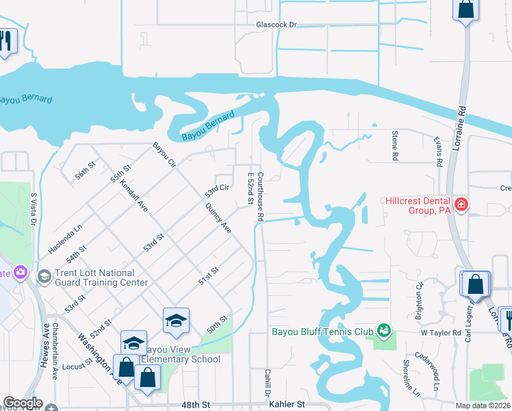 map of restaurants, bars, coffee shops, grocery stores, and more near 18 East 52nd Street in Gulfport