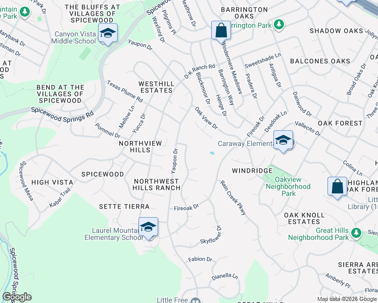 map of restaurants, bars, coffee shops, grocery stores, and more near 10715 Cassia Drive in Austin