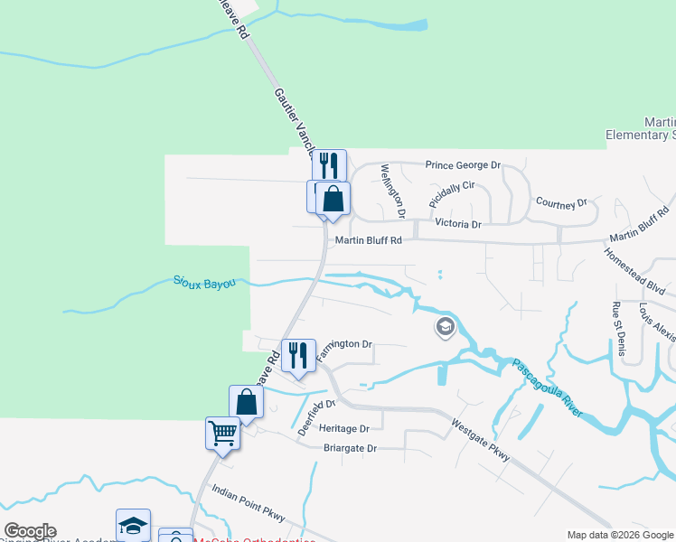 map of restaurants, bars, coffee shops, grocery stores, and more near 2417 Robertsdale Road in Gautier