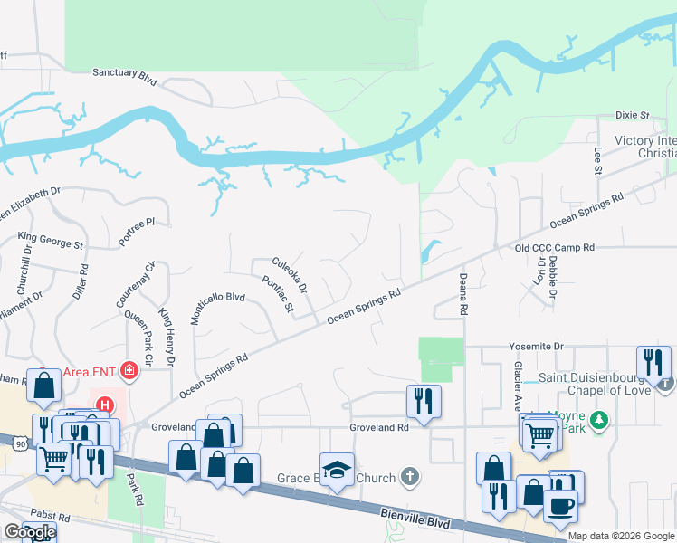 map of restaurants, bars, coffee shops, grocery stores, and more near 10012 Iroquois Avenue in Ocean Springs