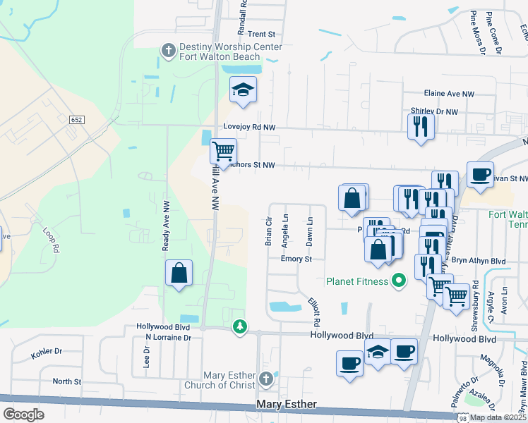 map of restaurants, bars, coffee shops, grocery stores, and more near 381 Brian Circle in Mary Esther