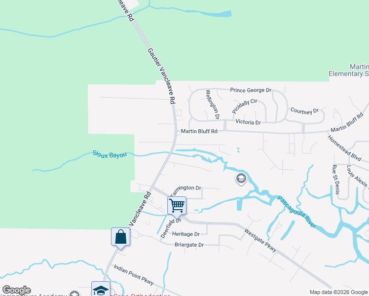 map of restaurants, bars, coffee shops, grocery stores, and more near 2417 Robertsdale Road in Gautier