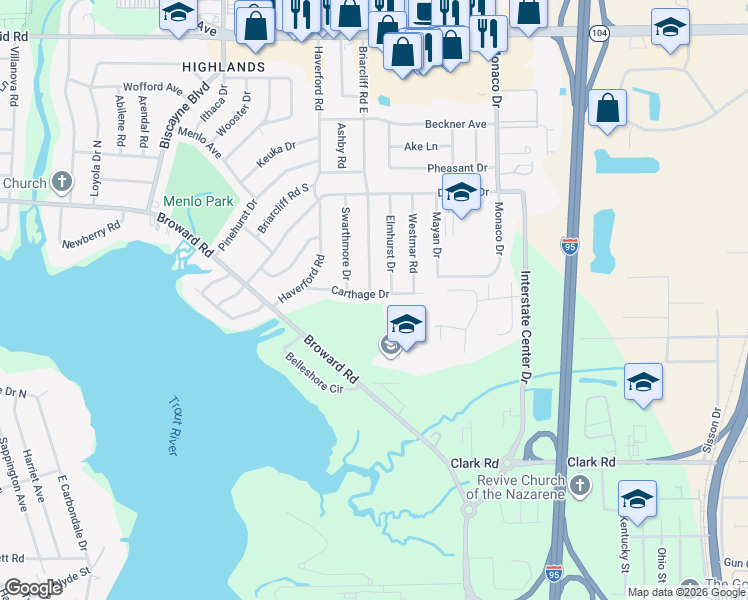 map of restaurants, bars, coffee shops, grocery stores, and more near 1204 Carthage Drive in Jacksonville