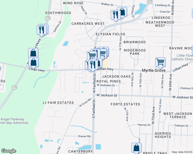 map of restaurants, bars, coffee shops, grocery stores, and more near 735 North 80th Avenue in Pensacola