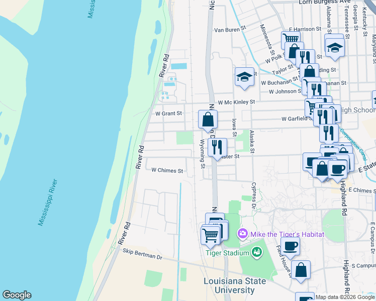 map of restaurants, bars, coffee shops, grocery stores, and more near 1122 Aster Street in Baton Rouge
