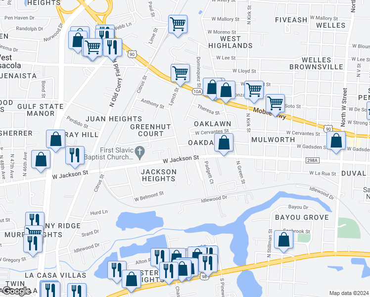 map of restaurants, bars, coffee shops, grocery stores, and more near 3907 West Gadsden Street in Pensacola