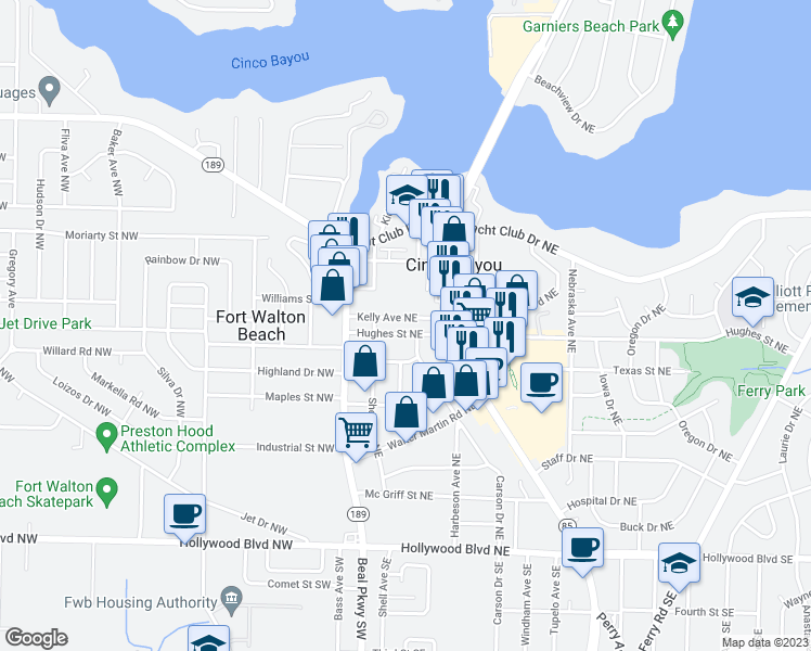map of restaurants, bars, coffee shops, grocery stores, and more near 25 Kelly Avenue Northeast in Fort Walton Beach