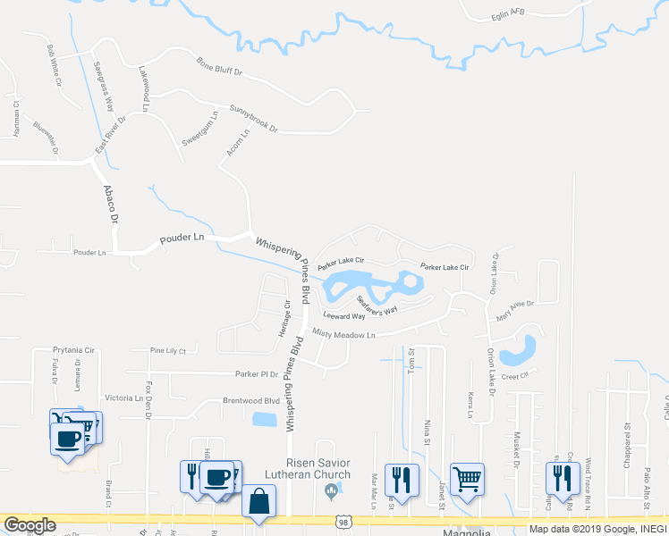 map of restaurants, bars, coffee shops, grocery stores, and more near 10032 Parker Lake Circle in Navarre