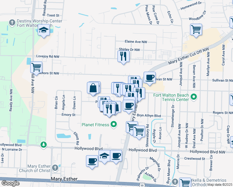 map of restaurants, bars, coffee shops, grocery stores, and more near 94 Forsman Circle Northwest in Fort Walton Beach