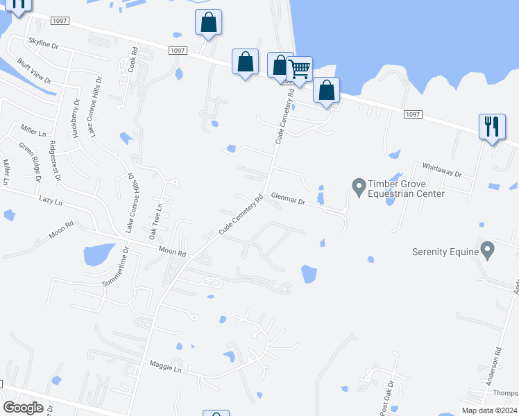 map of restaurants, bars, coffee shops, grocery stores, and more near 12324 Cude Cemetery Road in Willis