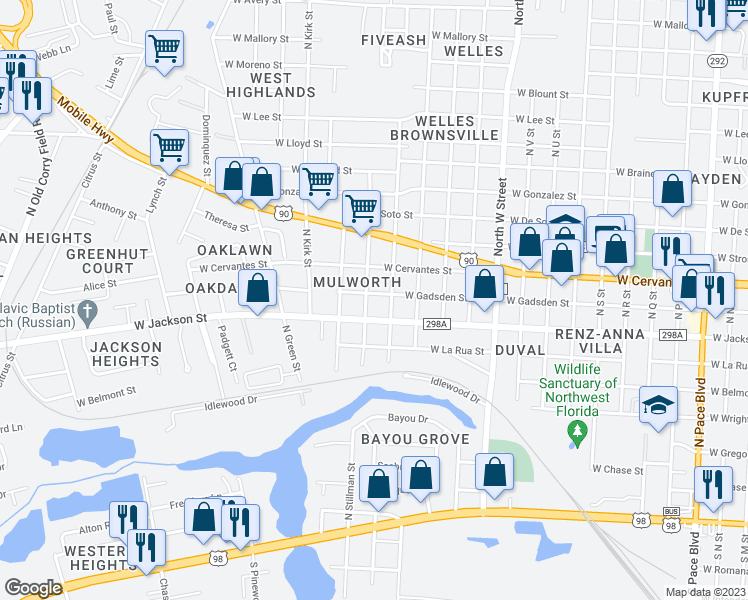 map of restaurants, bars, coffee shops, grocery stores, and more near 3311 West Gadsden Street in Pensacola