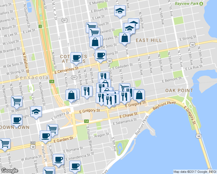 map of restaurants, bars, coffee shops, grocery stores, and more near 917 East La Rua Street in Pensacola