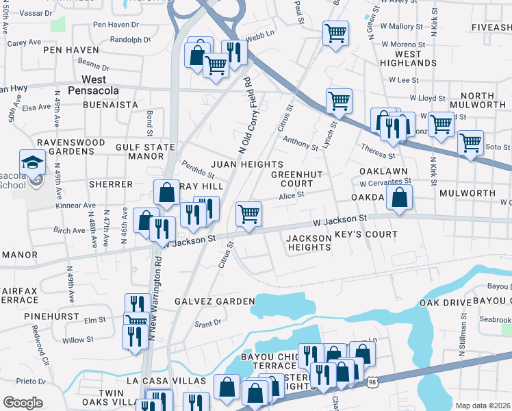 map of restaurants, bars, coffee shops, grocery stores, and more near 125 Alice Street in Pensacola