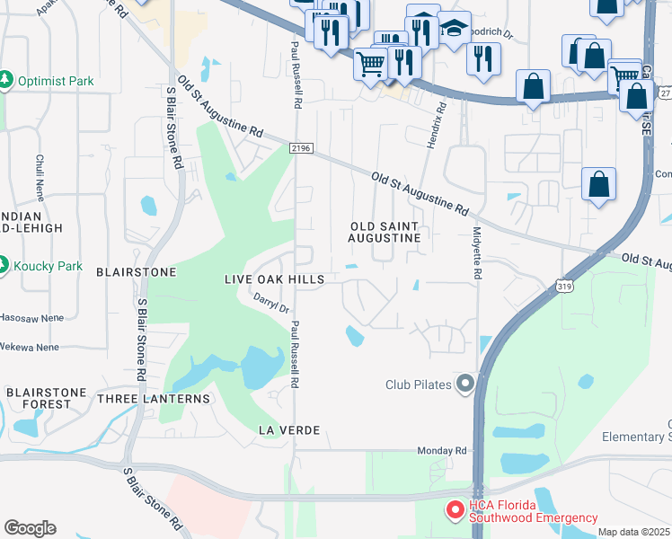 map of restaurants, bars, coffee shops, grocery stores, and more near 1579 Live Oak Drive in Tallahassee