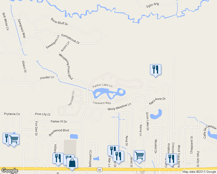 map of restaurants, bars, coffee shops, grocery stores, and more near 9984 Parker Lake Circle in Navarre