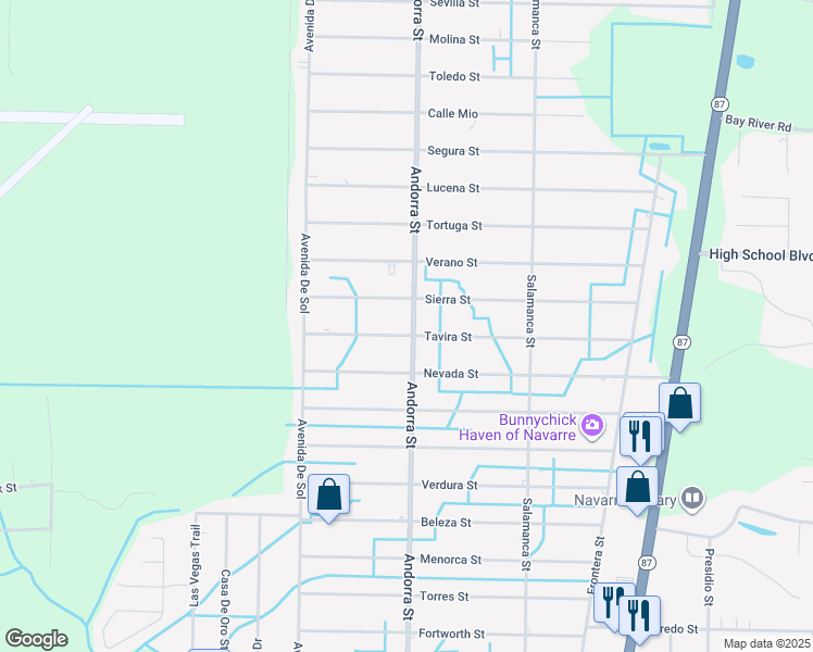 map of restaurants, bars, coffee shops, grocery stores, and more near 8138 Tavira Street in Navarre