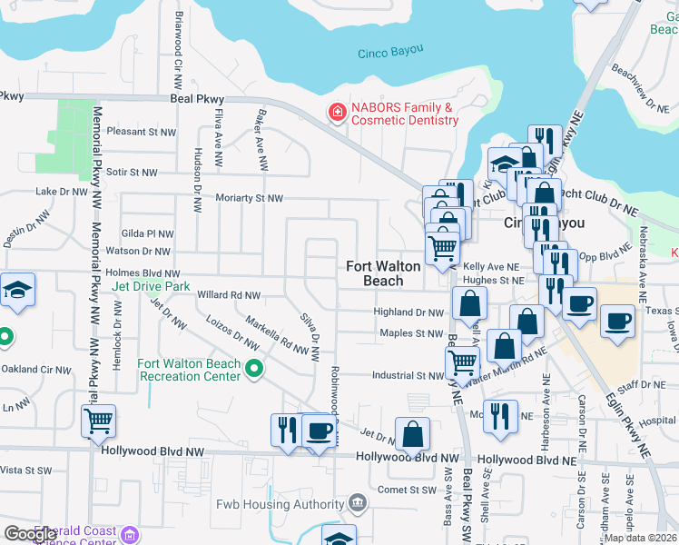 map of restaurants, bars, coffee shops, grocery stores, and more near 42 Tula Place Northwest in Fort Walton Beach