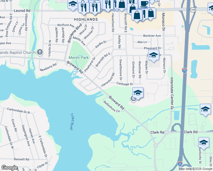 map of restaurants, bars, coffee shops, grocery stores, and more near 10111 Haverford Road in Jacksonville