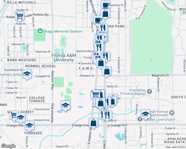 map of restaurants, bars, coffee shops, grocery stores, and more near 2110 South Adams Street in Tallahassee