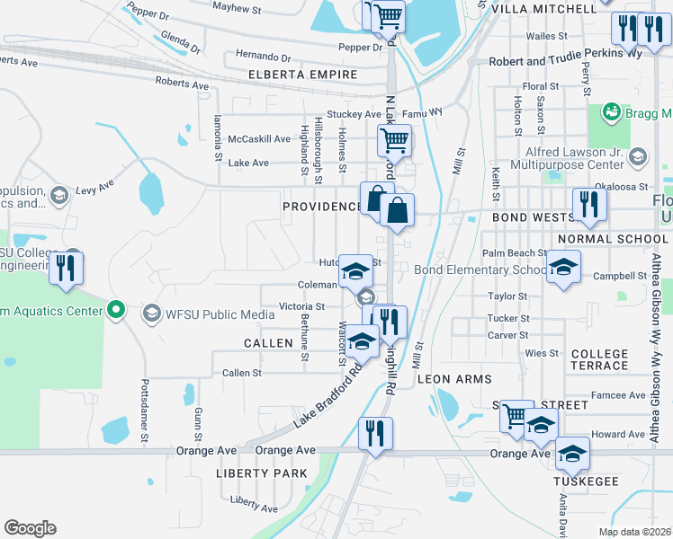 map of restaurants, bars, coffee shops, grocery stores, and more near 1301 Hutchinson Street in Tallahassee