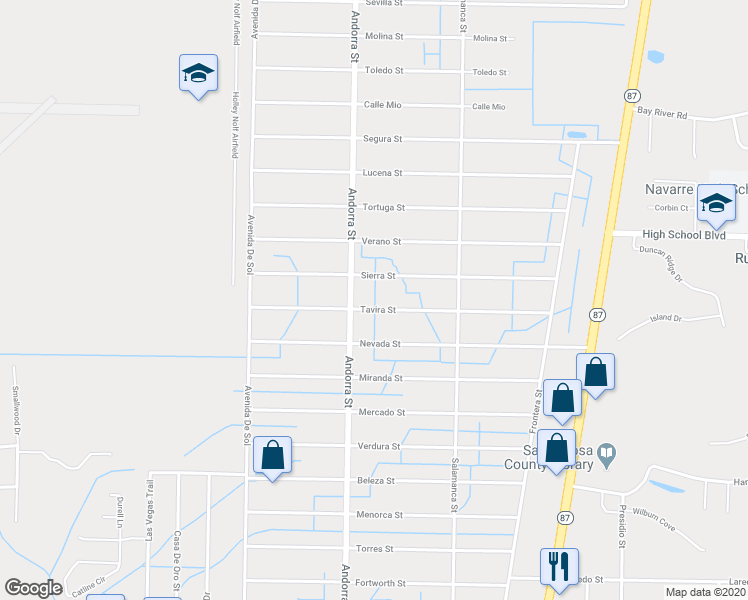 map of restaurants, bars, coffee shops, grocery stores, and more near 8224 Tavira Street in Navarre