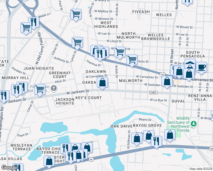 map of restaurants, bars, coffee shops, grocery stores, and more near 3626 West Jackson Street in Pensacola