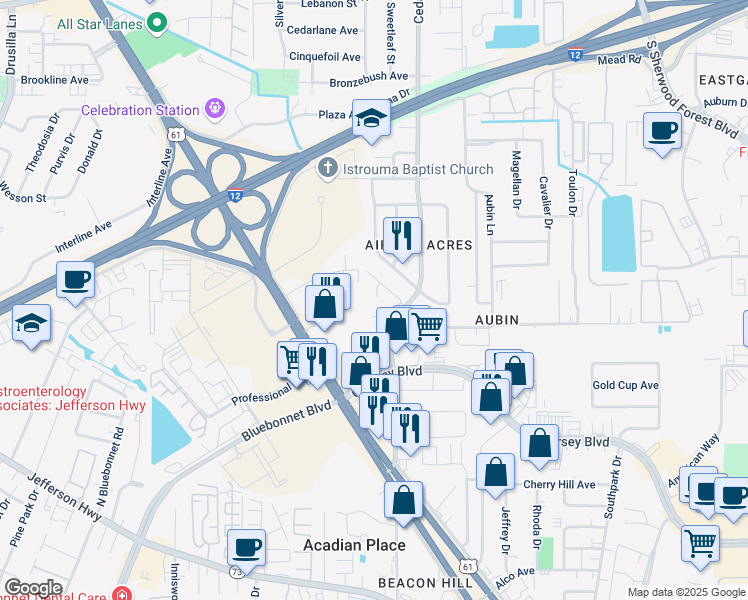 map of restaurants, bars, coffee shops, grocery stores, and more near 3484 Cedarcrest Avenue in Baton Rouge