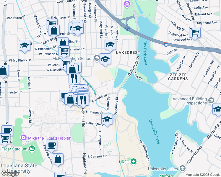 map of restaurants, bars, coffee shops, grocery stores, and more near 3033 July Street in Baton Rouge
