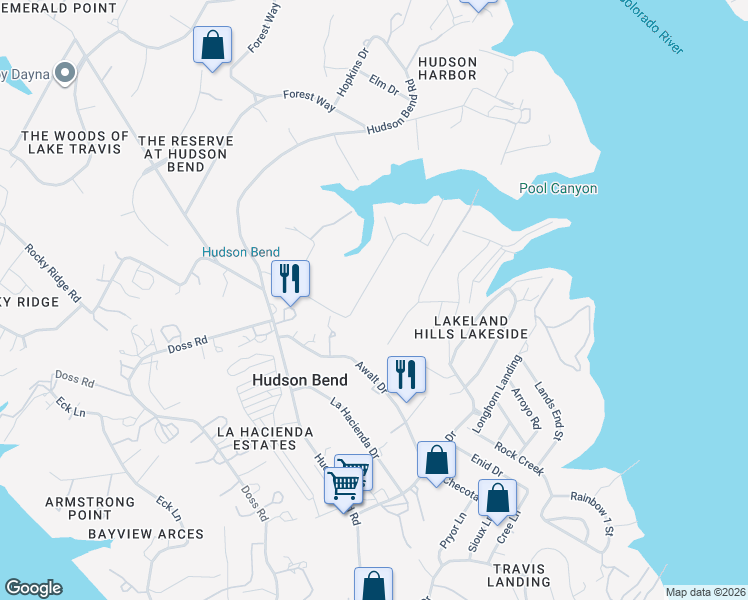 map of restaurants, bars, coffee shops, grocery stores, and more near 16039 Pool Canyon Road in Austin