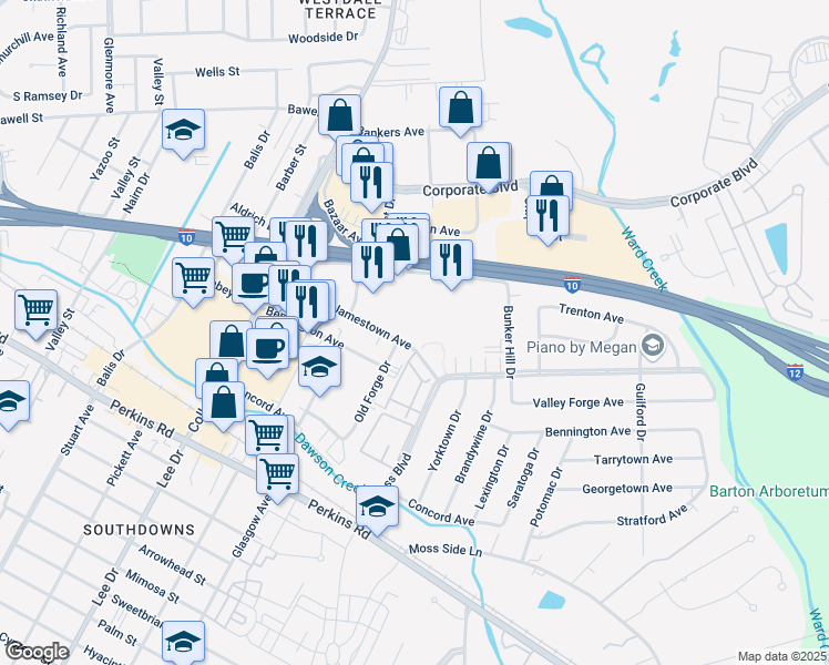 map of restaurants, bars, coffee shops, grocery stores, and more near 4939 Jamestown Avenue in Baton Rouge