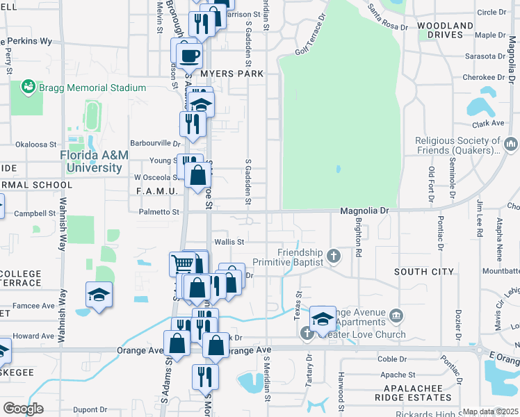 map of restaurants, bars, coffee shops, grocery stores, and more near 412 East Magnolia Drive in Tallahassee