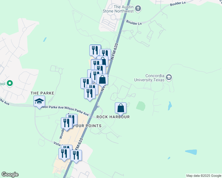 map of restaurants, bars, coffee shops, grocery stores, and more near 8225 Ranch Road 620 in Austin