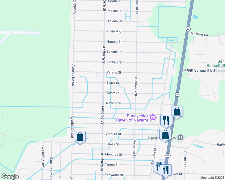 map of restaurants, bars, coffee shops, grocery stores, and more near 8264 Tavira Street in Navarre