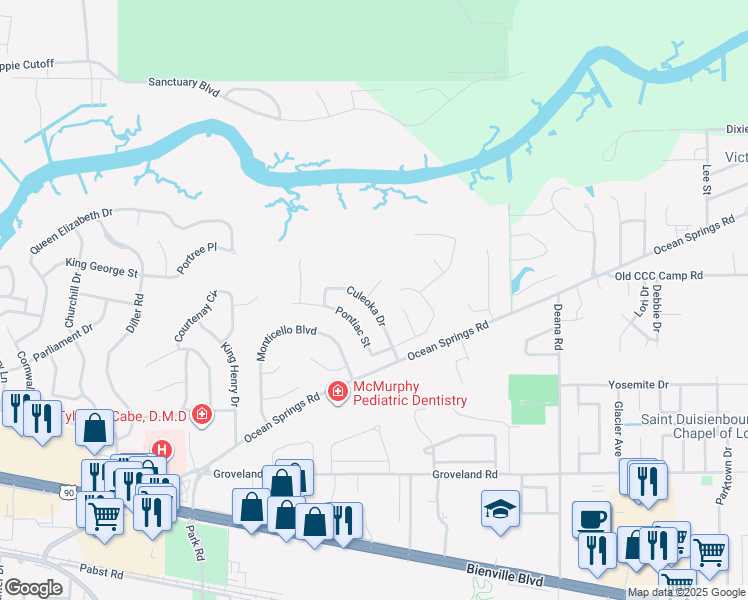 map of restaurants, bars, coffee shops, grocery stores, and more near 5328 Culeoka Drive in Ocean Springs