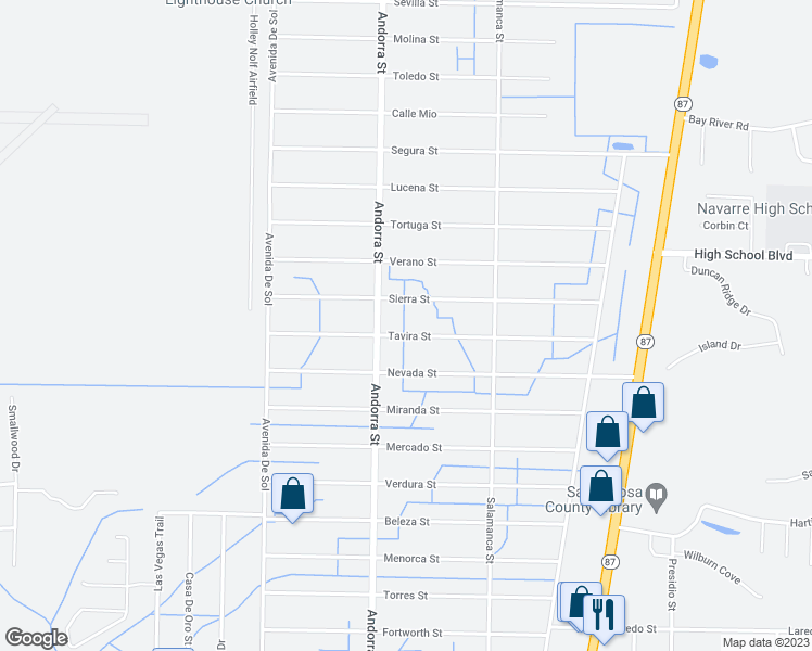 map of restaurants, bars, coffee shops, grocery stores, and more near 8244 Tavira Street in Navarre