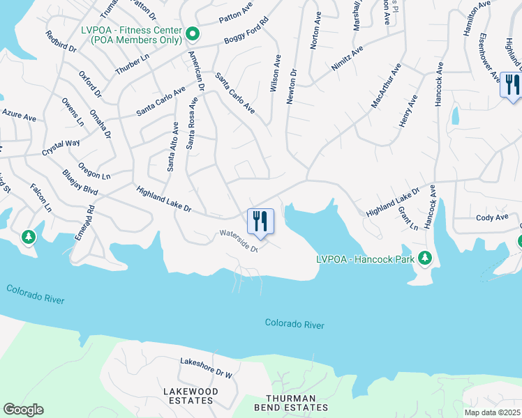 map of restaurants, bars, coffee shops, grocery stores, and more near 21013 Highland Lake Drive in Lago Vista