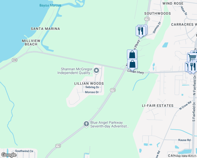 map of restaurants, bars, coffee shops, grocery stores, and more near 1449 Roebling Tr in Pensacola