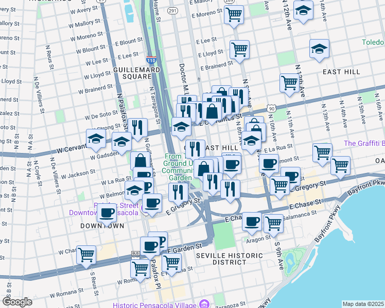 map of restaurants, bars, coffee shops, grocery stores, and more near 321 East Jackson Street in Pensacola