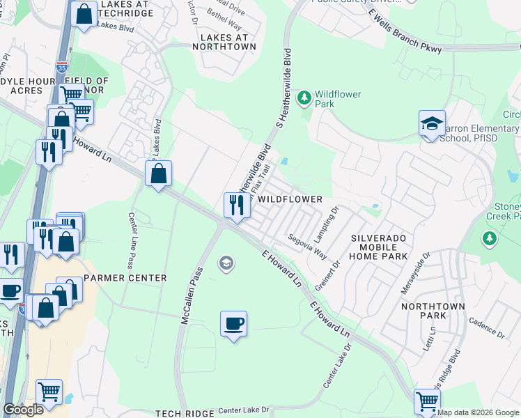 map of restaurants, bars, coffee shops, grocery stores, and more near 126 Mist Flower Drive in Pflugerville