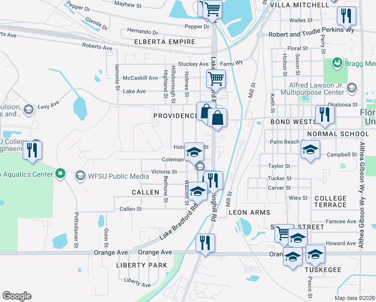 map of restaurants, bars, coffee shops, grocery stores, and more near 1301 Hutchinson Street in Tallahassee