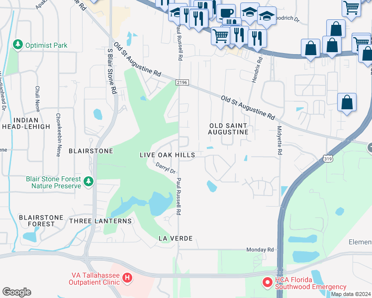map of restaurants, bars, coffee shops, grocery stores, and more near 2212 Paul Russell Circle in Tallahassee