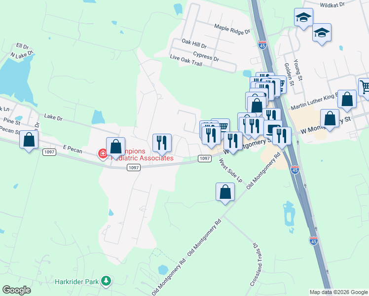 map of restaurants, bars, coffee shops, grocery stores, and more near 9700 FM 1097 Road West in Willis